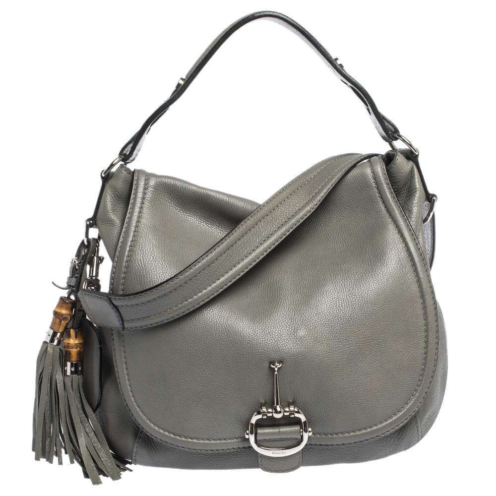 مملوكة مسبقًا Gucci Grey Leather Techno Horsebit Flap Hobo