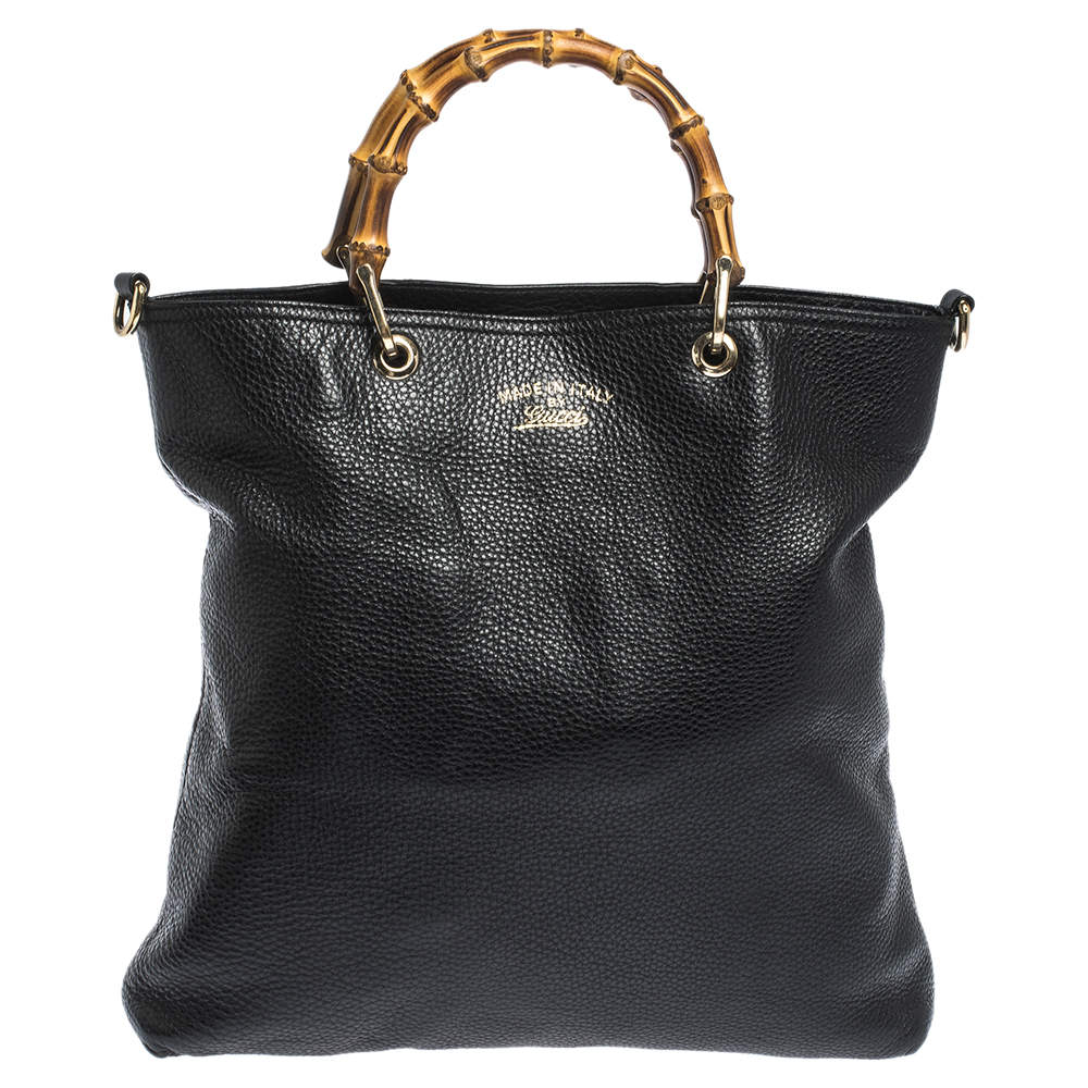 Pre Owned Gucci Black Leather Bamboo Handle Tote
