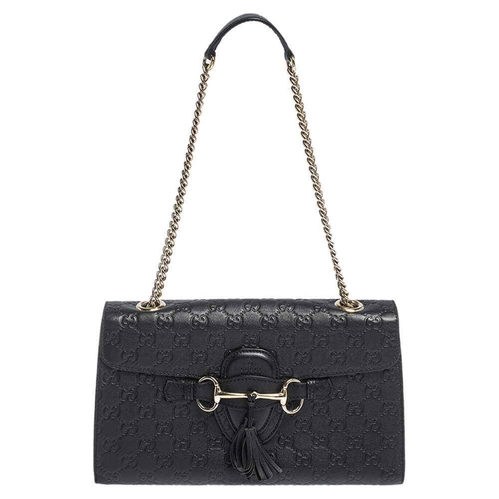 Pre Owned Gucci Black Guccissima Leather Medium Emily Chain Shoulder Bag