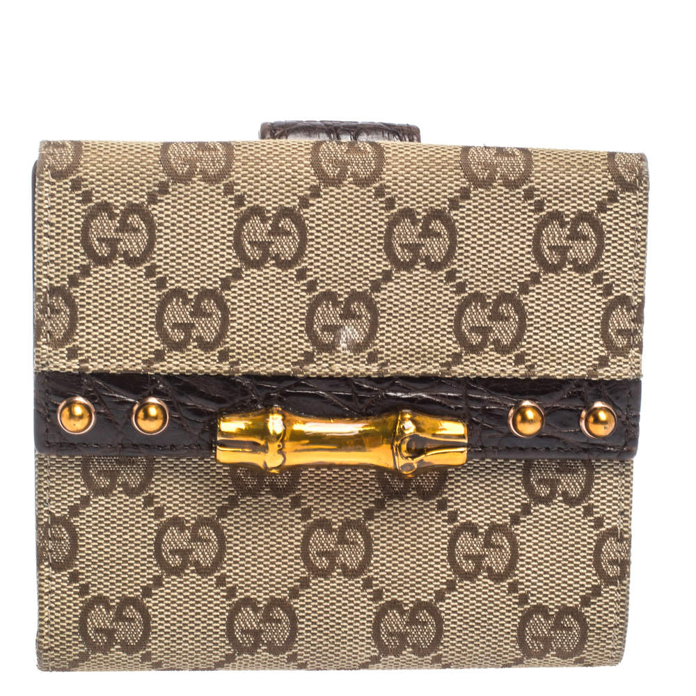 Gucci Beige/Ebony GG Canvas Studs Bamboo Bar Compact Wallet