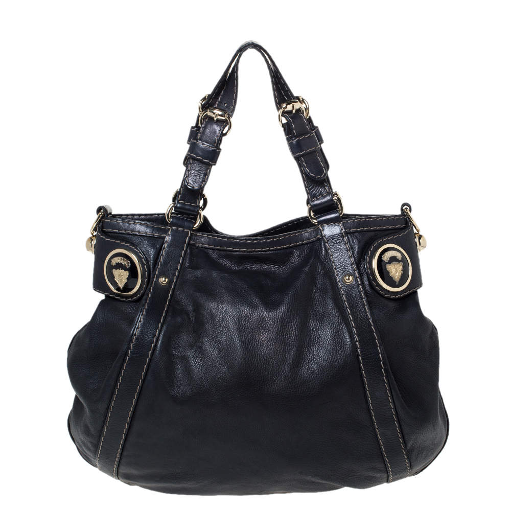 Pre Owned  Gucci Dark Blue Leather Crest Embellished Shoulder Bag