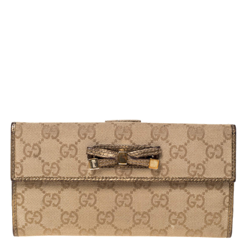 Gucci Beige/Gold GG Canvas and Leather Mayfair Bow Continental Wallet