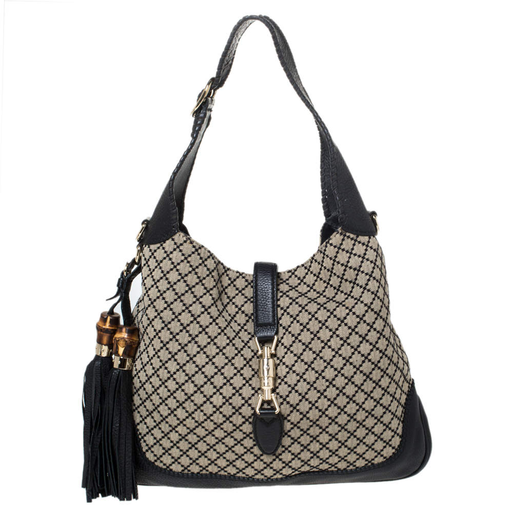 Gucci Beige/Black Diamante Canvas and Leather New Jackie Hobo