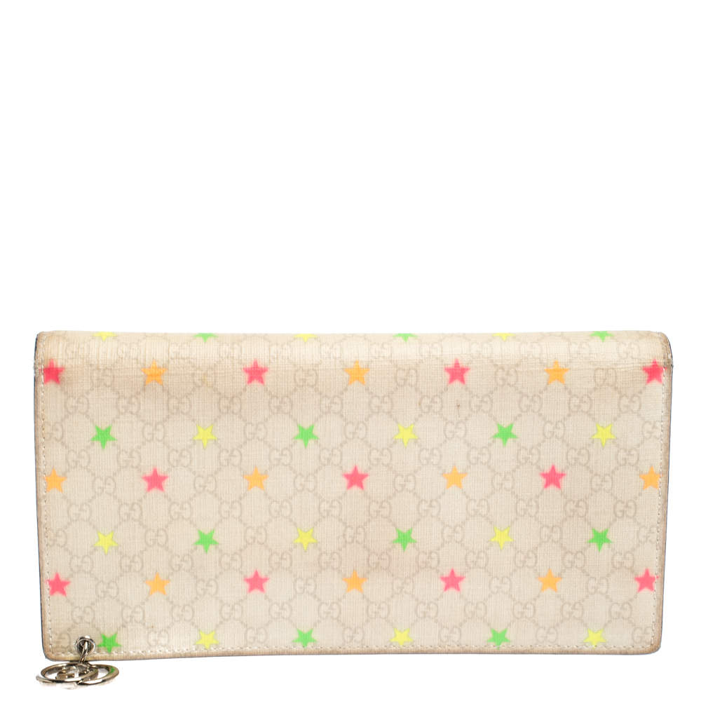 Pre Owned Gucci White Micro GG Supreme Canvas Neon Stars Continental Wallet