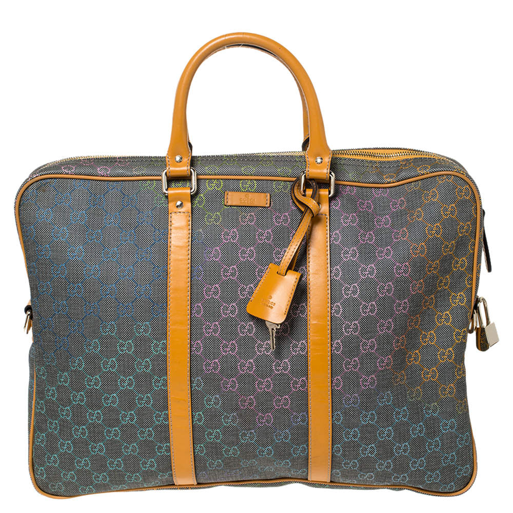 Gucci Grey/Tan GG Supreme Canvas and Leather Briefcase