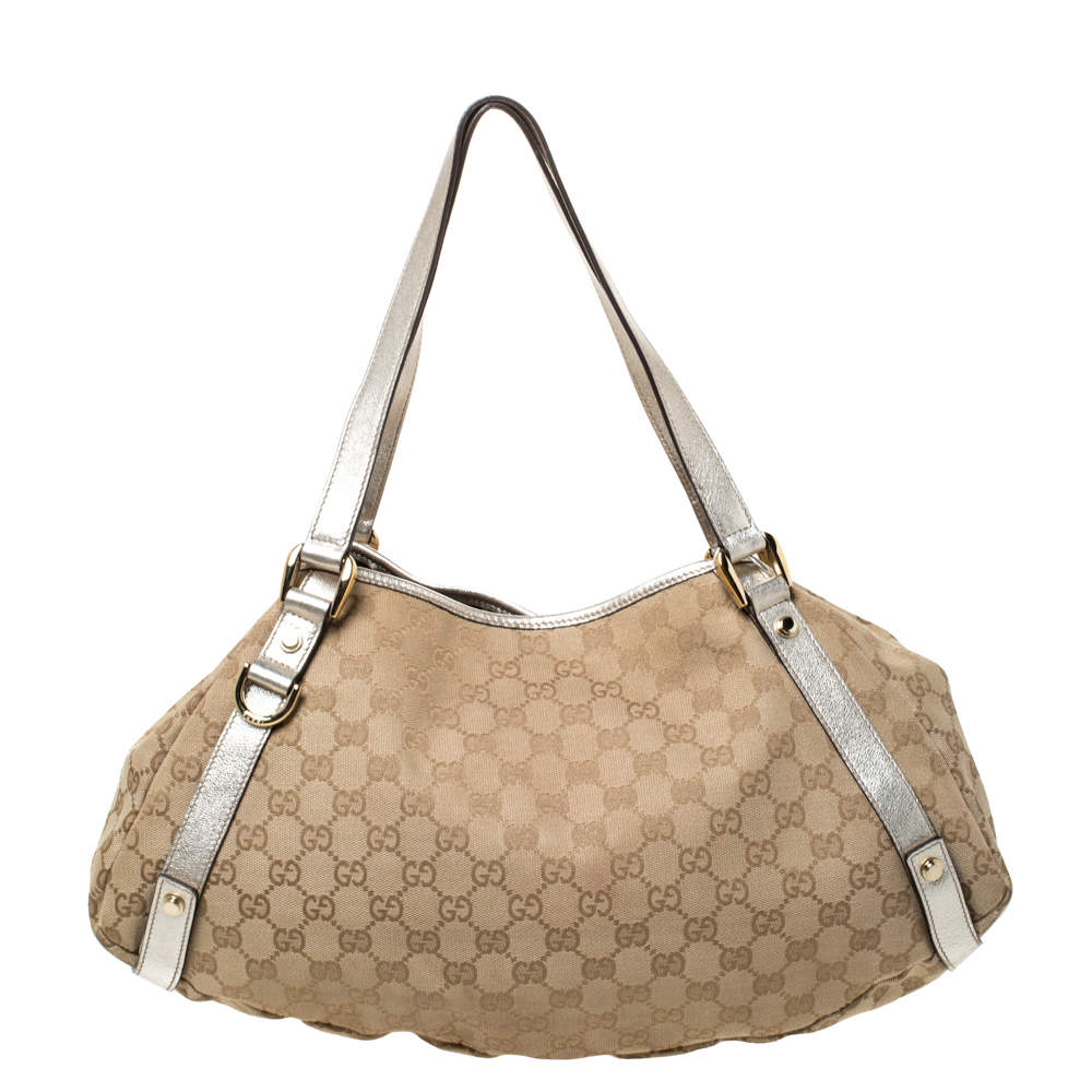 Pre Owned Gucci Beige/Gold GG Canvas and Leather Medium Abbey Shoulder Bag