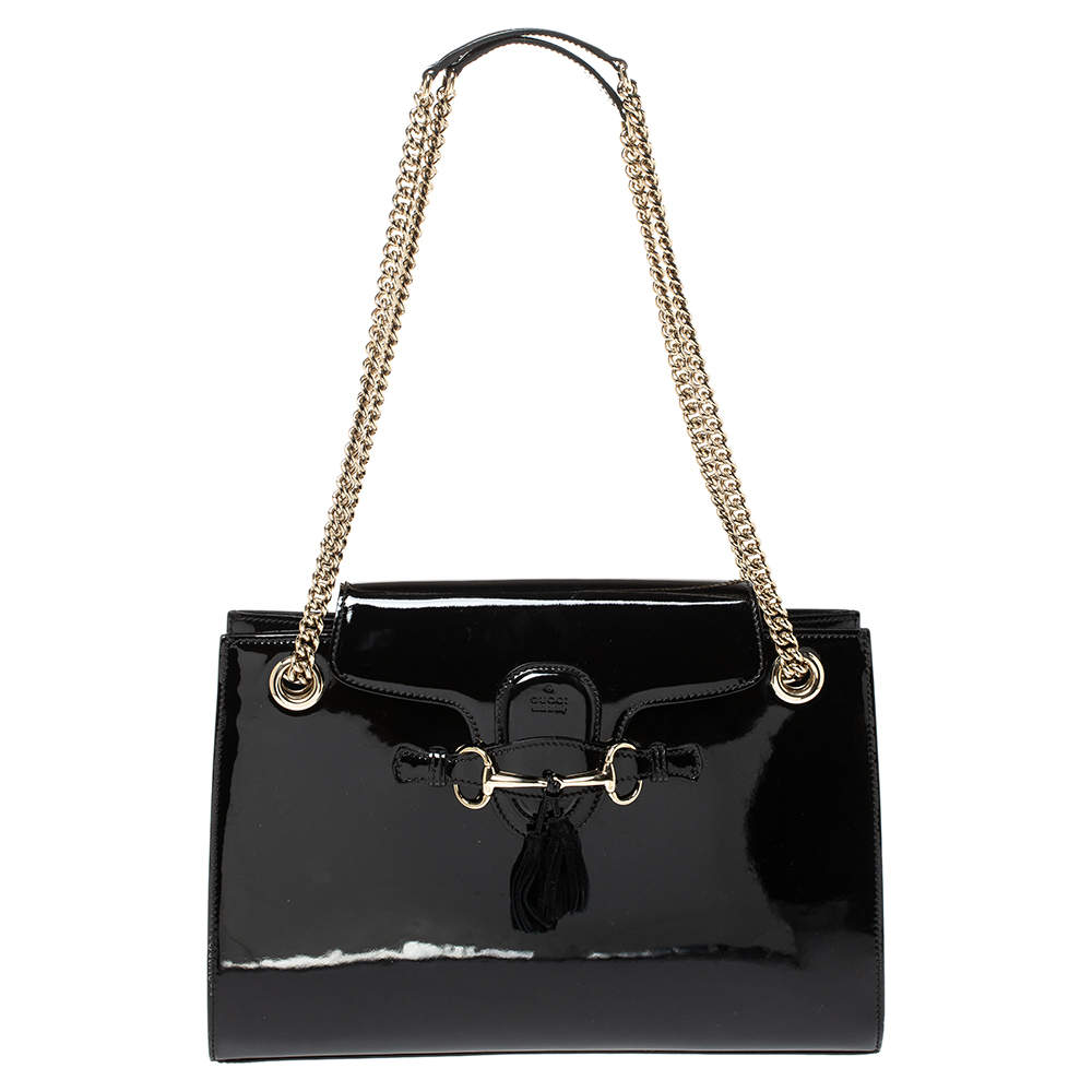 Pre Owned Gucci Black Patent Leather Large Emily Chain Shoulder Bag