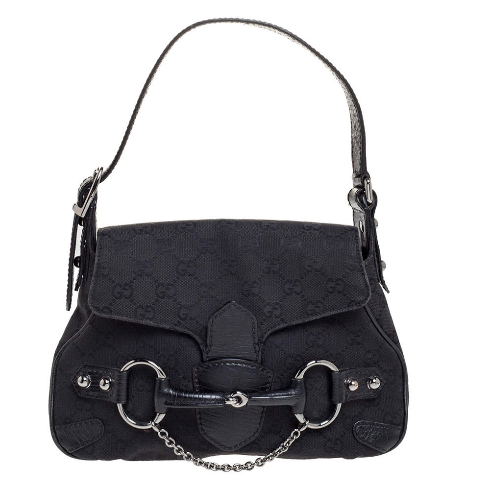 Gucci Black GG Canvas and Leather Horsebit Chain Shoulder Bag