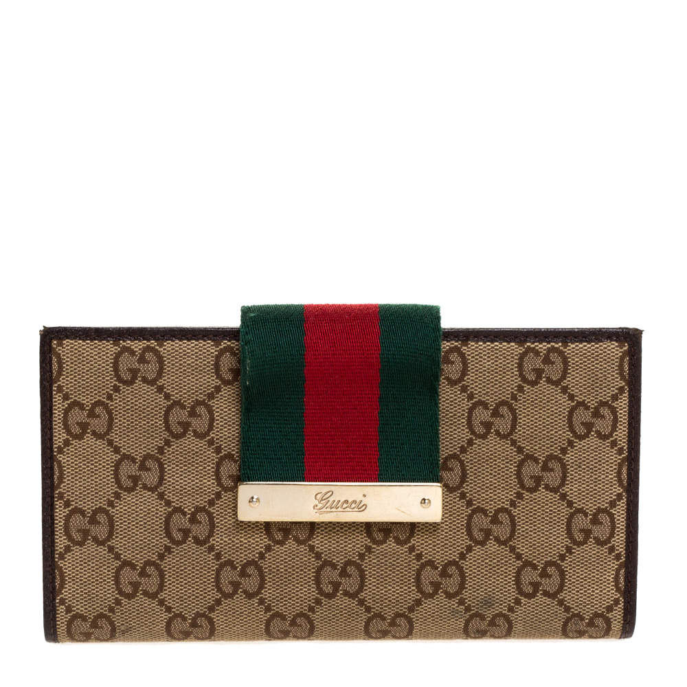Gucci Brown/Beige GG Canvas and Leather Web Flap Continental Wallet