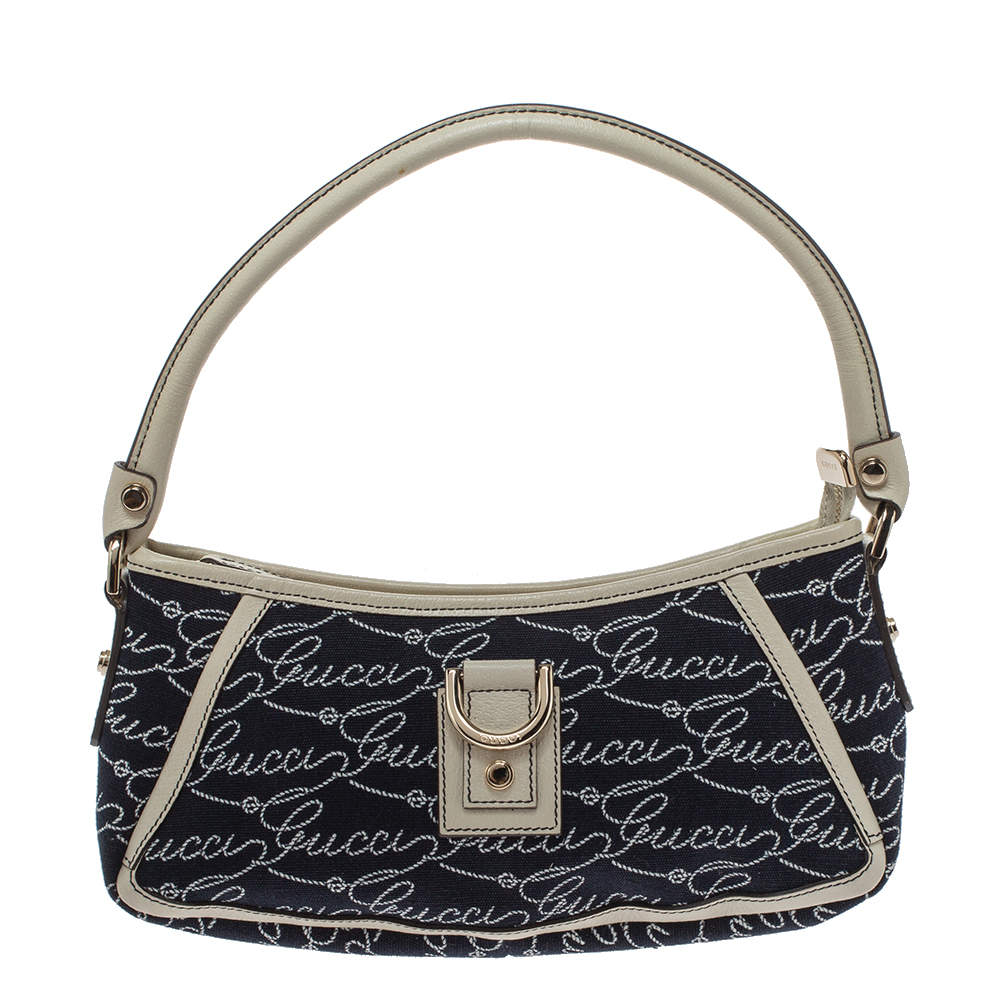 Gucci Navy Blue Signature Canvas and Leather Abbey D-Ring Baguette Bag