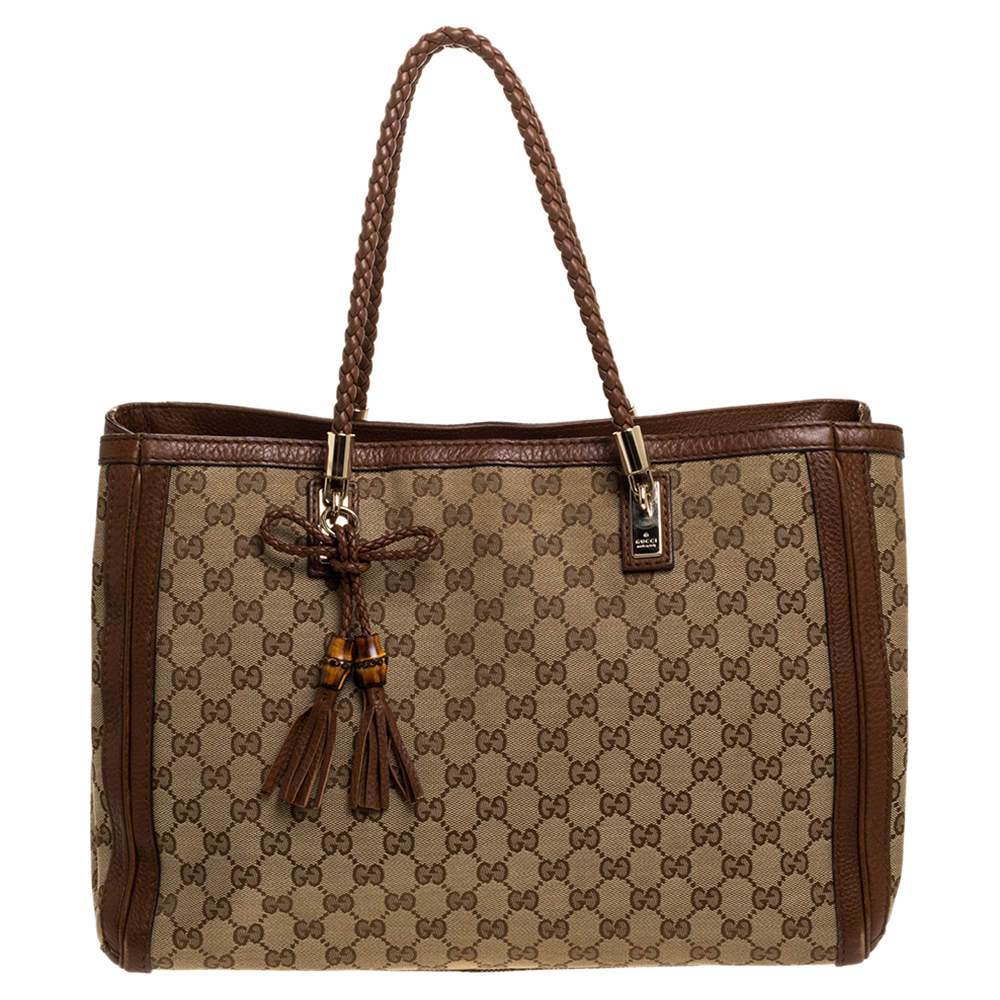 مملوكة مسبقًا Gucci Beige/Tan GG Canvas and Leather Bella Tote