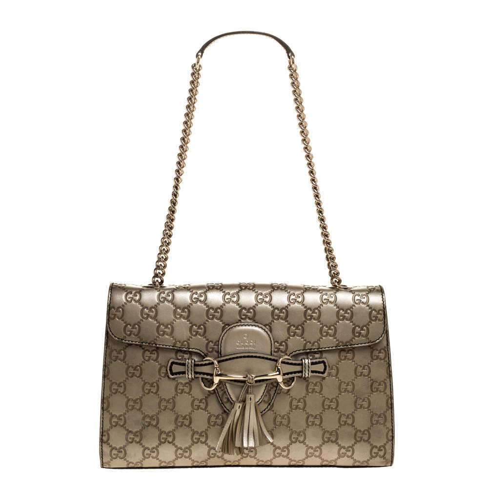 Pre Owned حقيبة كتف غوتشي إيملي جلد غوتشيسيما بيج ميتالك متوسطة