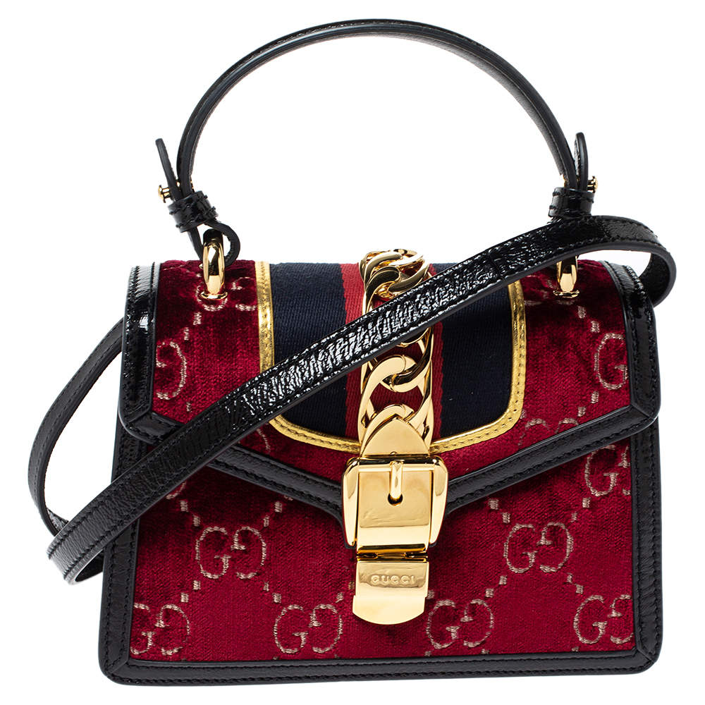 Gucci Multicolor Velvet and Patent Leather Mini Web Chain Sylvie Top Handle bag