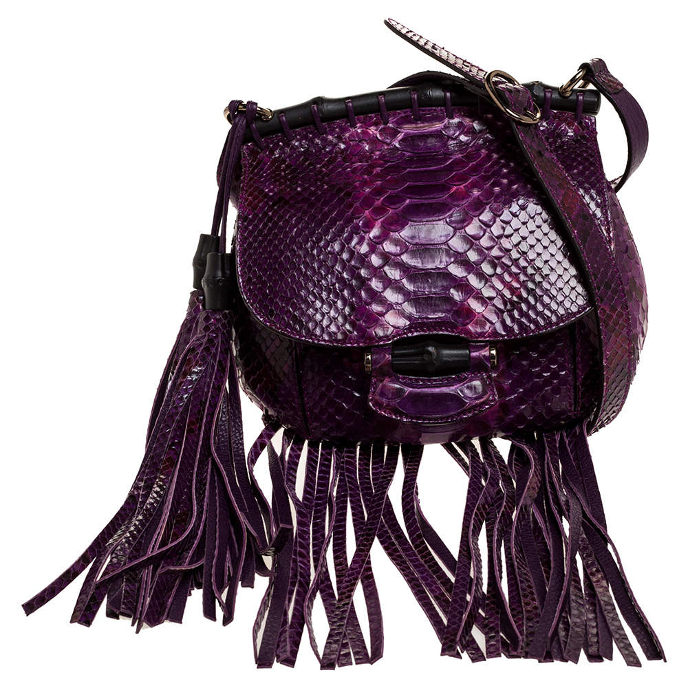 Pre Owned Gucci Purple Python Fringe Bamboo Shoulder Bag