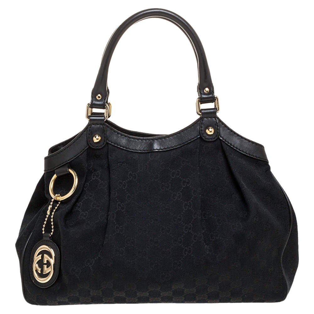 Pre Owned Gucci Black GG Canvas and Leather Medium Sukey Tote