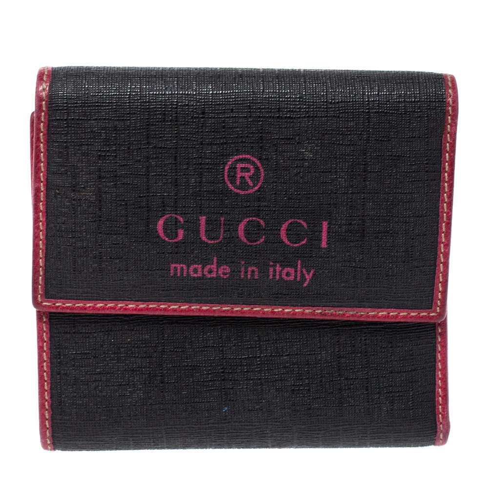 Gucci Black/Pink Coated Canvas Logo Trifold Compact Wallet 