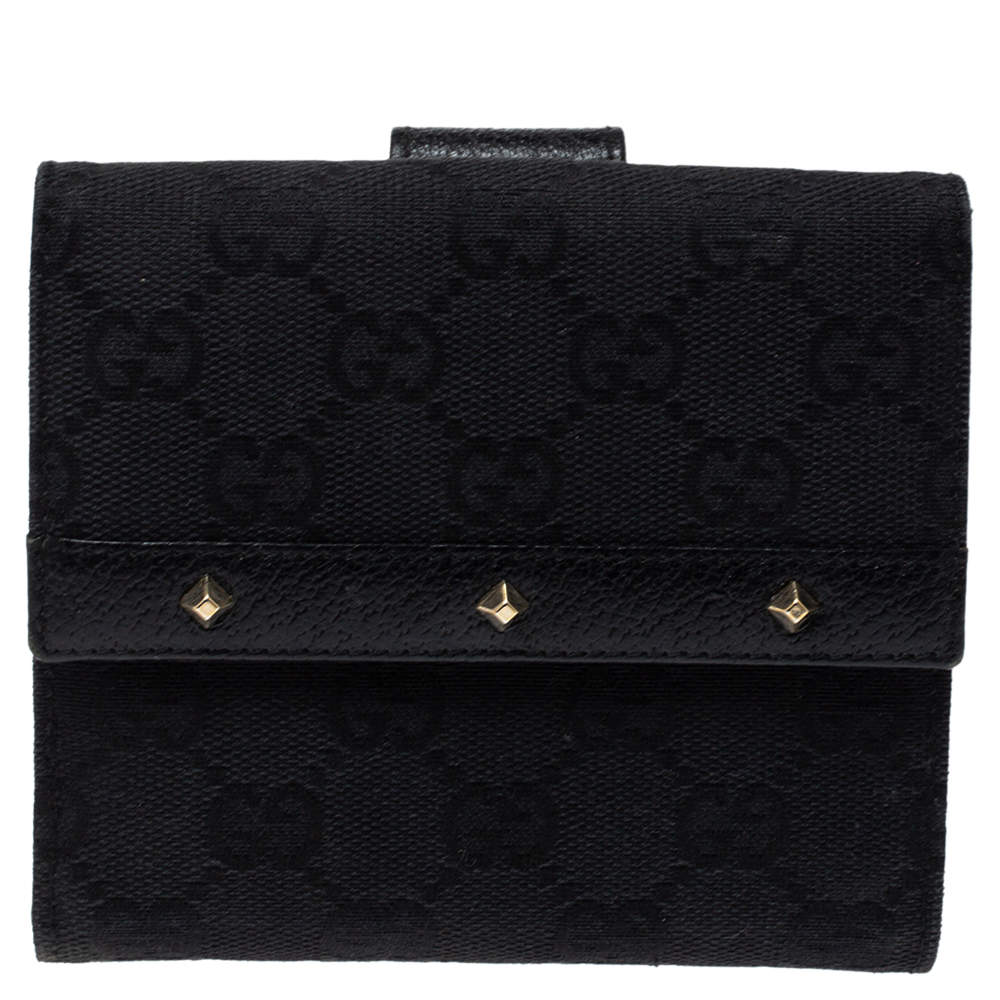 Pre Owned محفظة غوتشي "فرينش كومباكت" مرصعة جلد و كانفاس جي جي أسود
