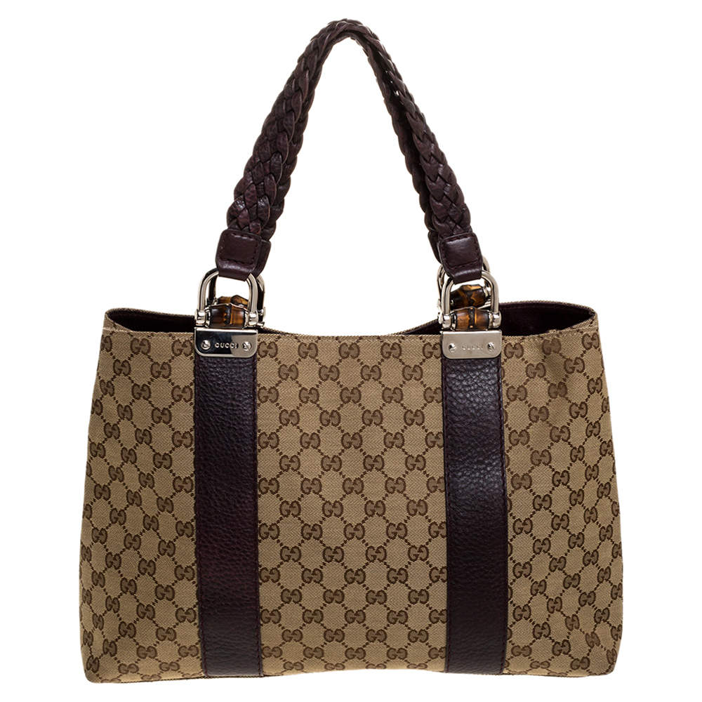 Pre Owned Gucci Beige/Purple GG Canvas and Leather Medium Bamboo Bar Tote
