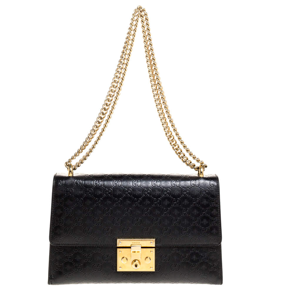 Gucci Black Guccissima Bee Embossed Leather Medium Padlock Shoulder Bag ...