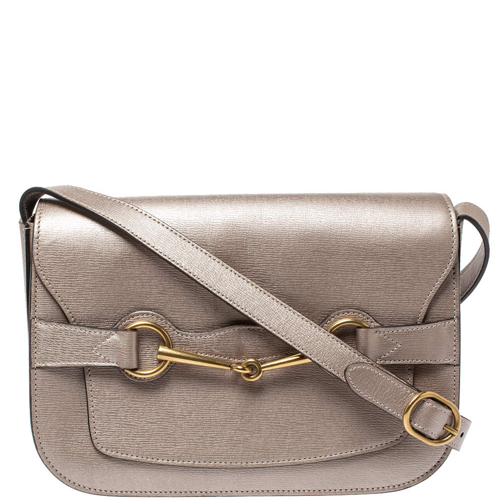 Gucci Beige Metallic Leather Bright Bit Shoulder Bag