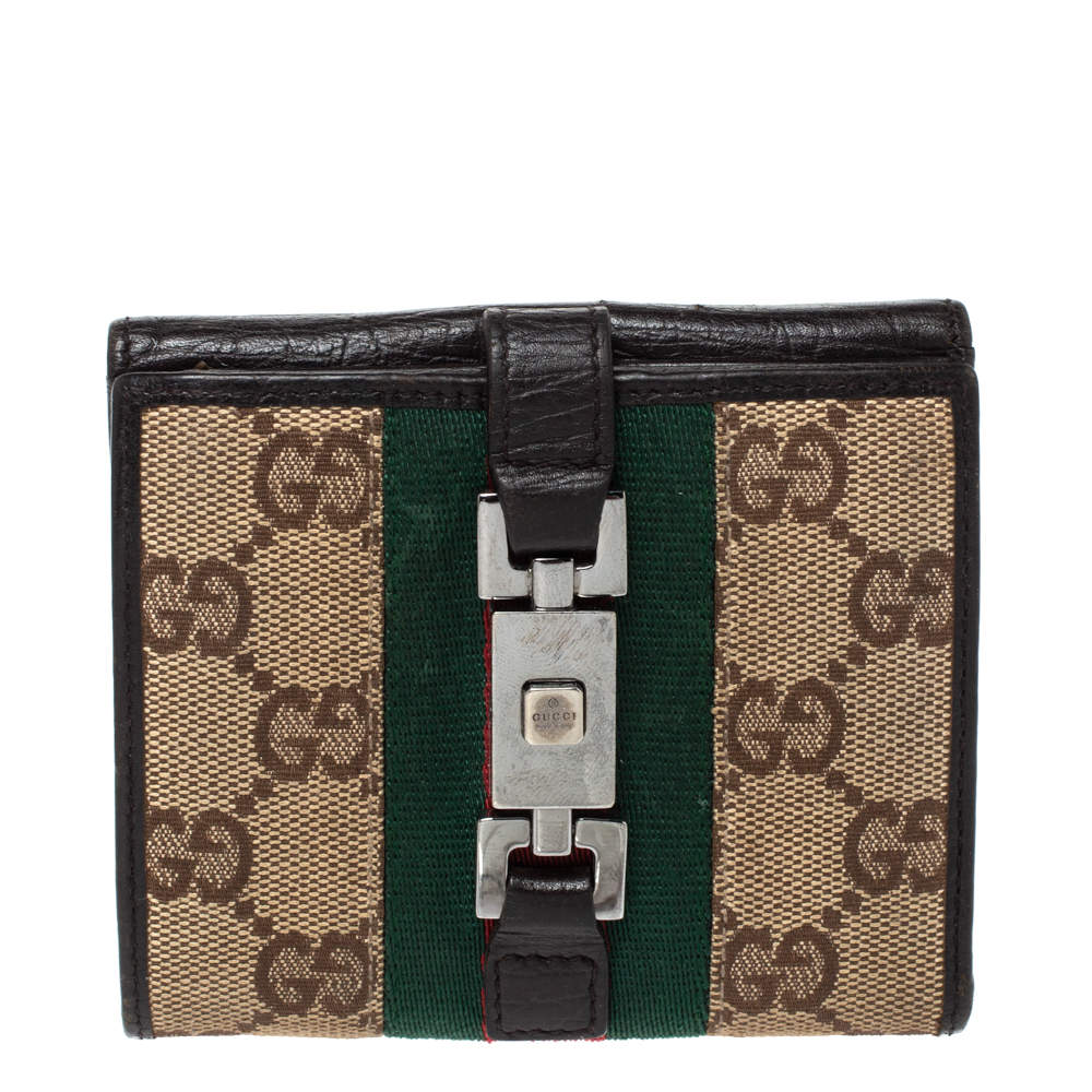 Gucci Beige/Dark Brown GG Canvas and Leather Web Compact Wallet