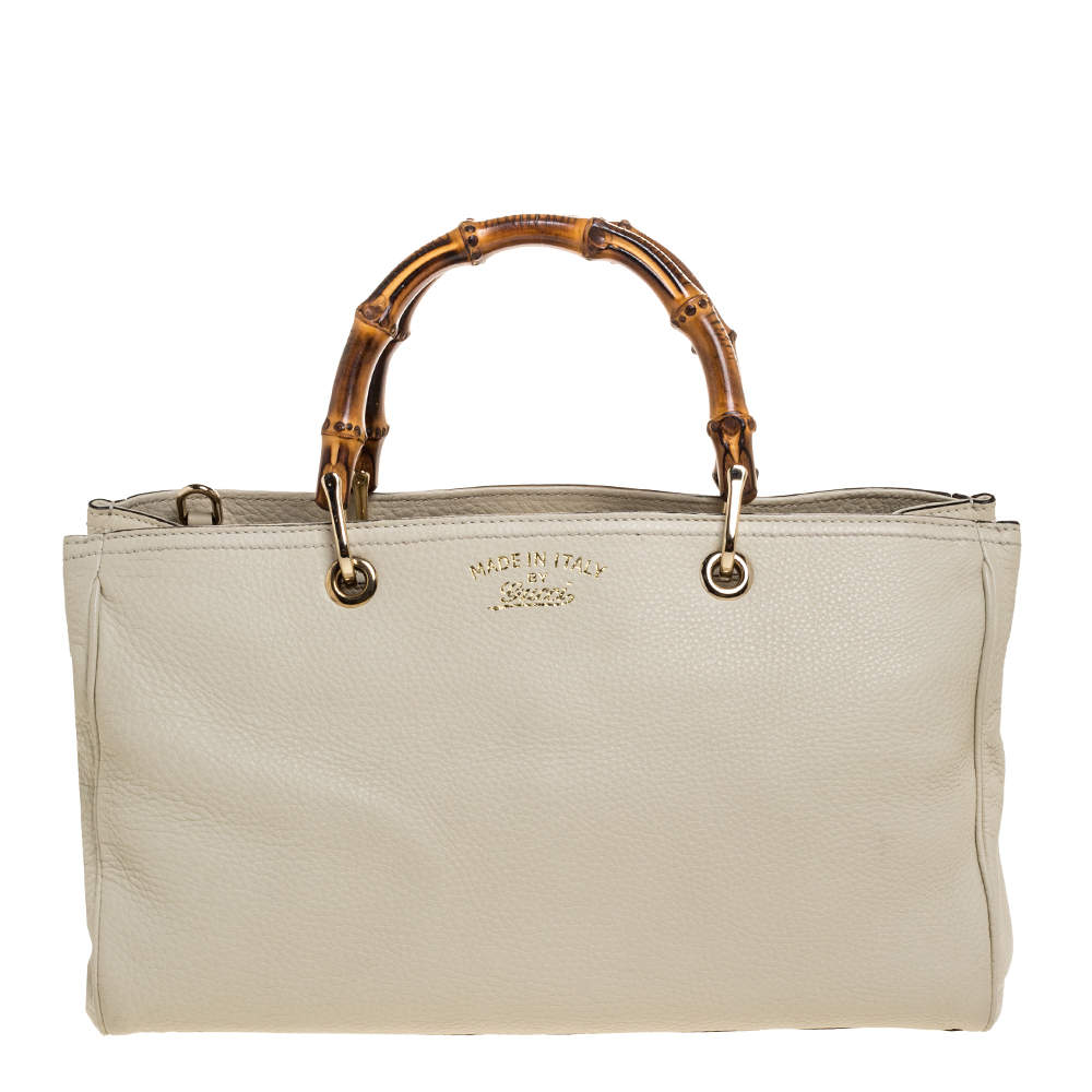 Pre Owned Gucci Ivory Grained Leather Medium Bamboo Shopper Tote