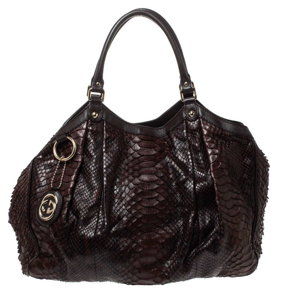 Gucci Dark Brown Python and Leather Large Sukey Tote