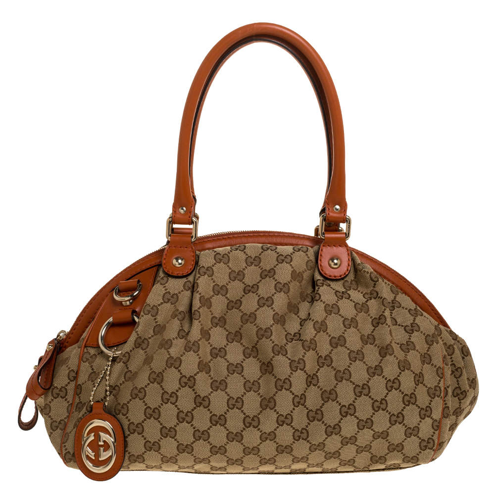 مملوكة مسبقًا Gucci Orange/Beige GG Canvas and Leather Medium Sukey Boston Bag