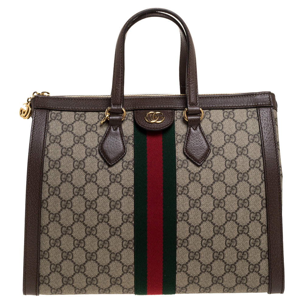 Pre Owned Gucci Brown/Beige GG Supreme Canvas and Leather Medium Ophidia Tote