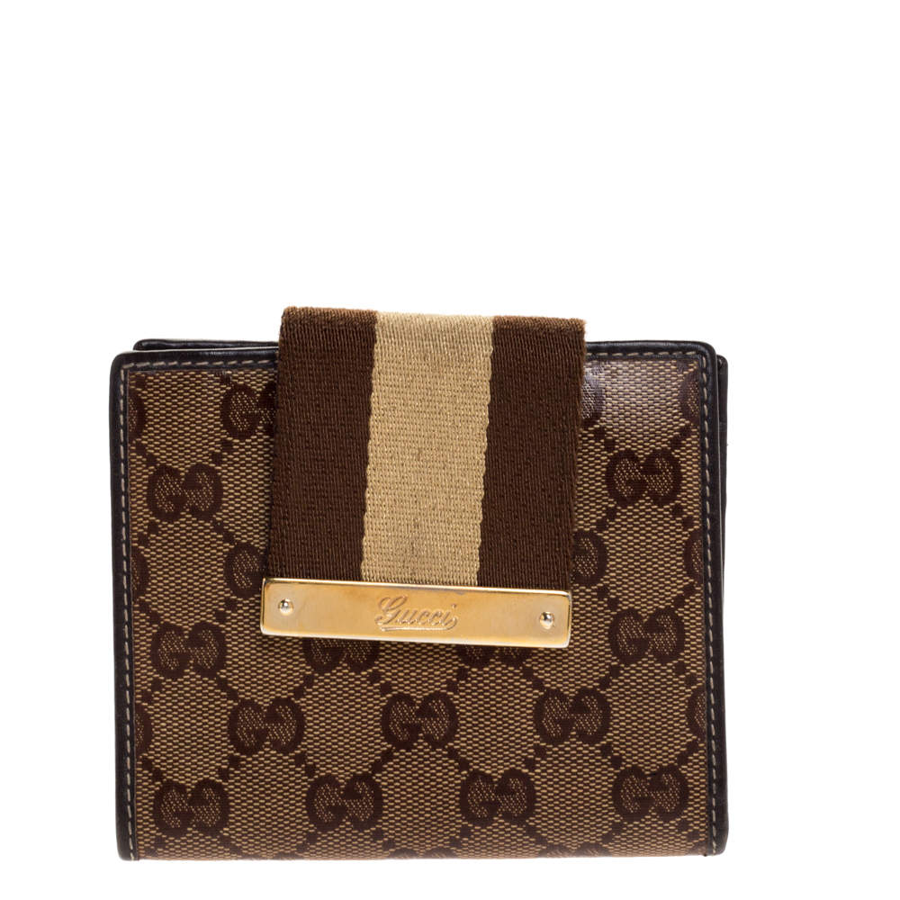 Gucci Beige/Brown GG Crystal Canvas Web Flap French Wallet