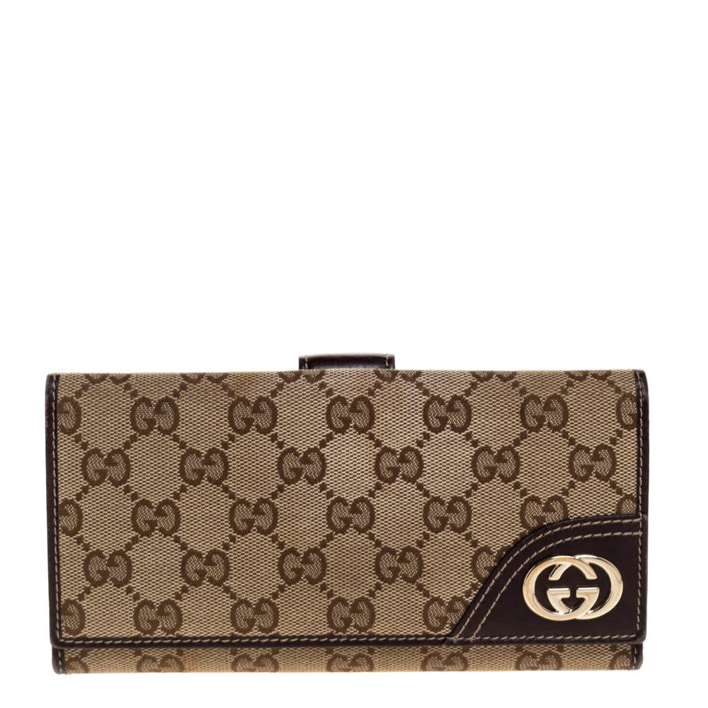 مملوكة مسبقًا Gucci Brown/Beige GG Canvas and Leather Britt Continental Wallet