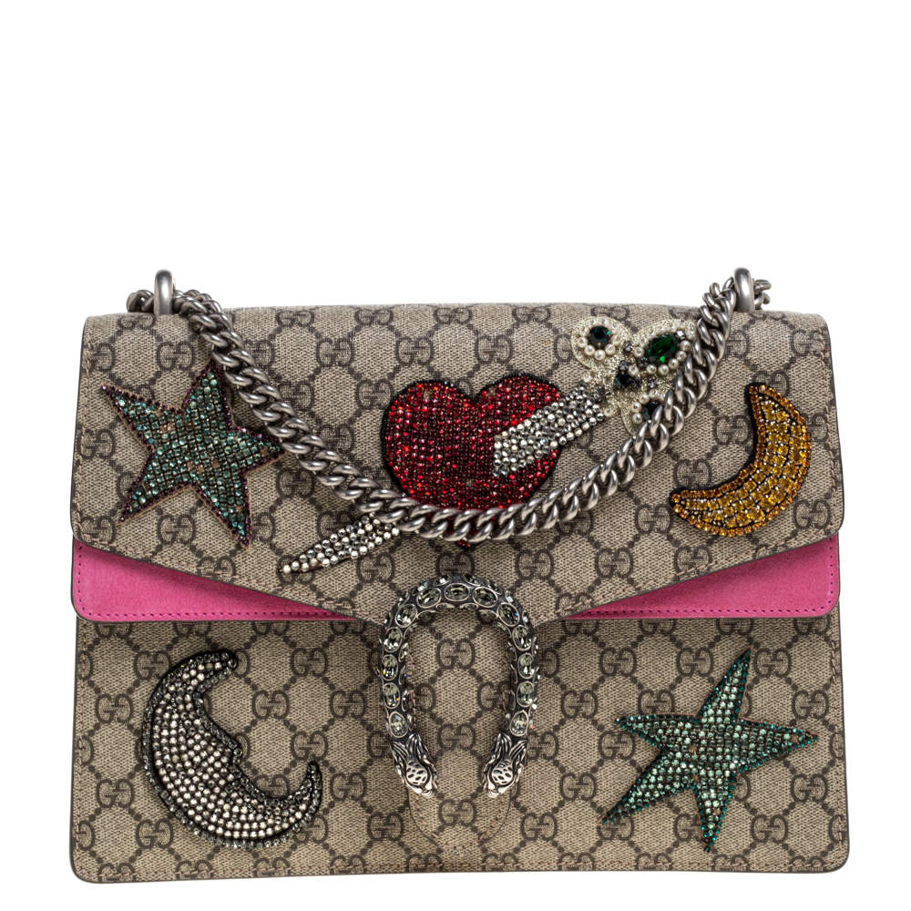 Pre Owned Gucci Pink/Beige GG Supreme Canvas and Suede Medium Crsytal Embellished Dionysus Shoulder Bag
