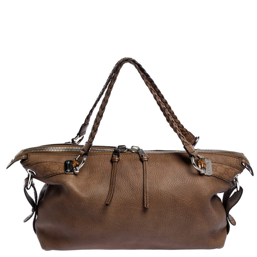 Pre Owned Gucci Brown Leather Medium Bamboo Bar Satchel