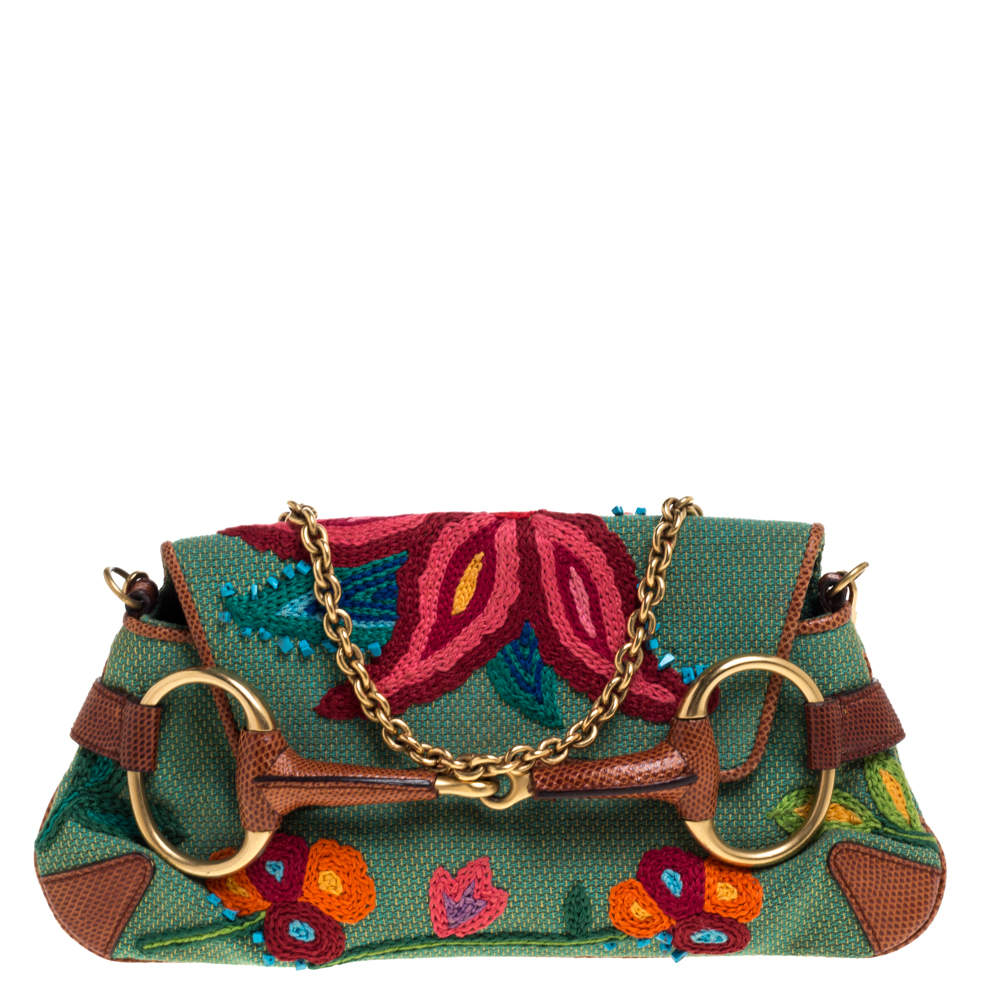 Gucci Multicolor Embroidered Fabric and Lizard Horsebit Chain Clutch