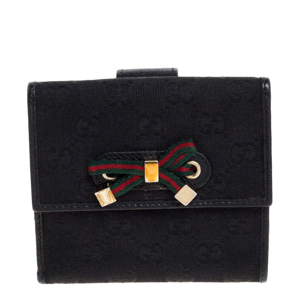 Gucci Black GG Canvas and Leather Mayfair Bow Compact Wallet 