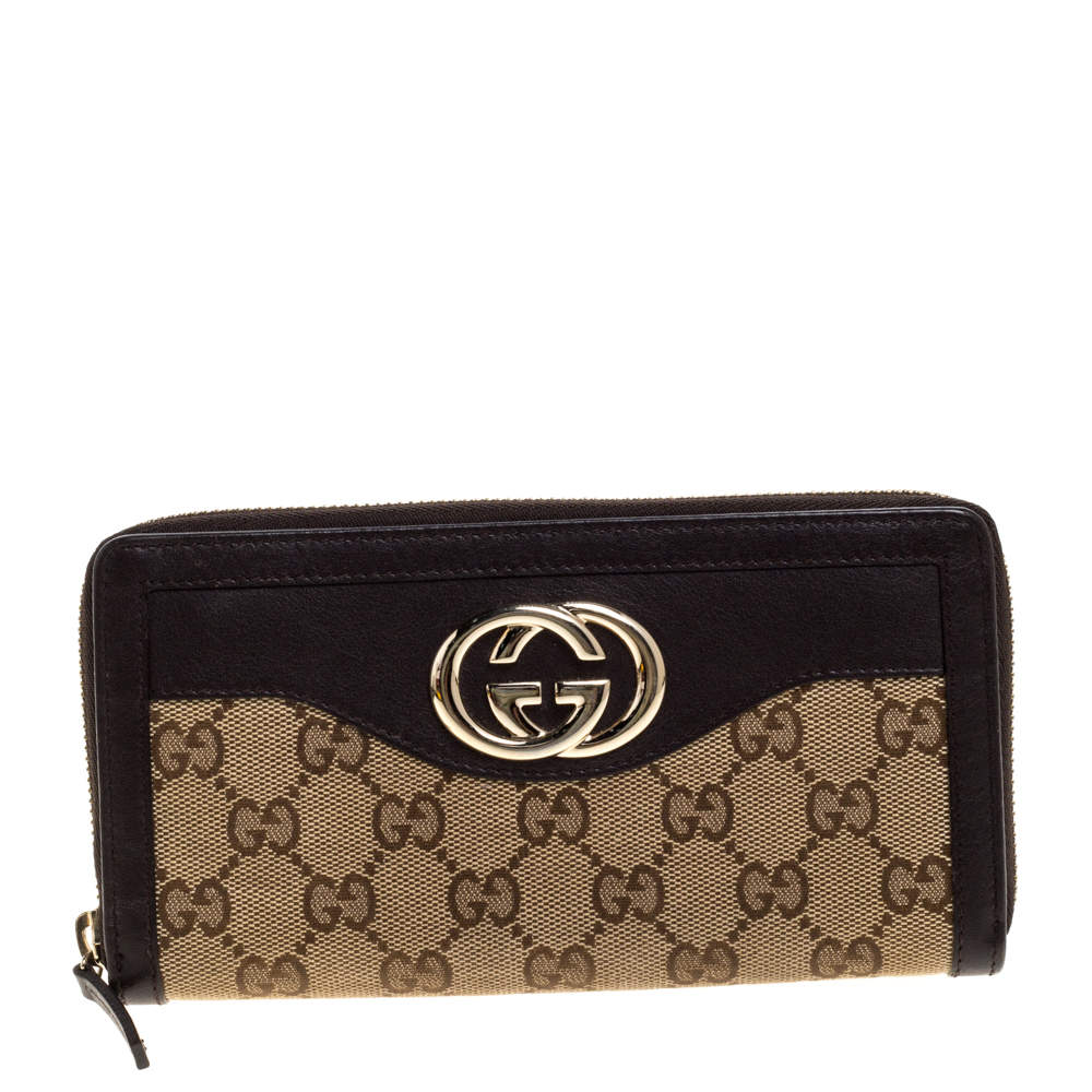 Gucci Beige/Brown GG Canvas and Leather Sukey Zip Around Wallet