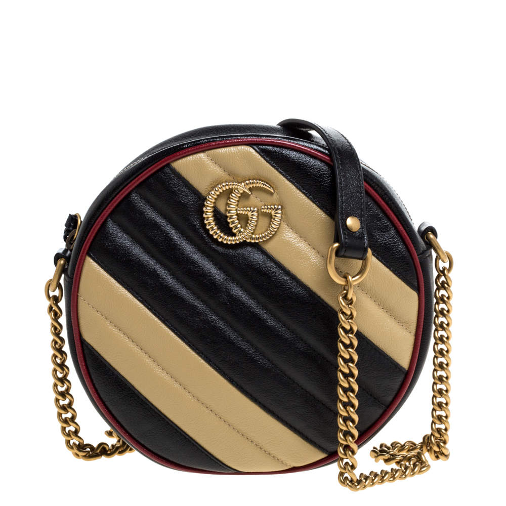 Gucci Black/Beige Diagonal Quilt Leather Mini GG Marmont Round Bag