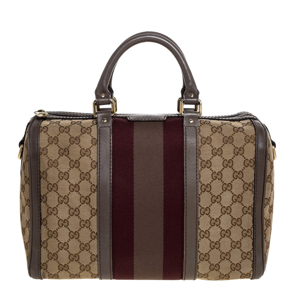 Pre Owned Gucci Beige/Grey GG Canvas and Leather Medium Vintage Web Boston Bag