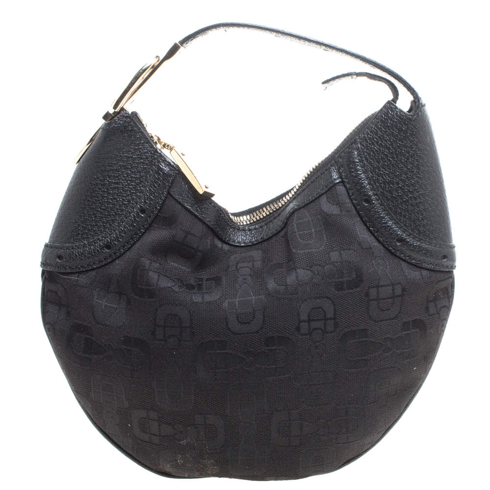 Gucci Black Horsebit Print Canvas and Leather Glam Hobo 