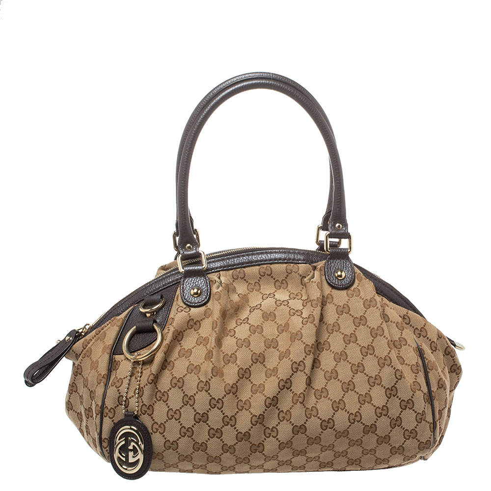 مملوكة مسبقًا حقيبة غوتشي "سوكي بوسطون" جلد و كانفاس جي جي بيج و بني