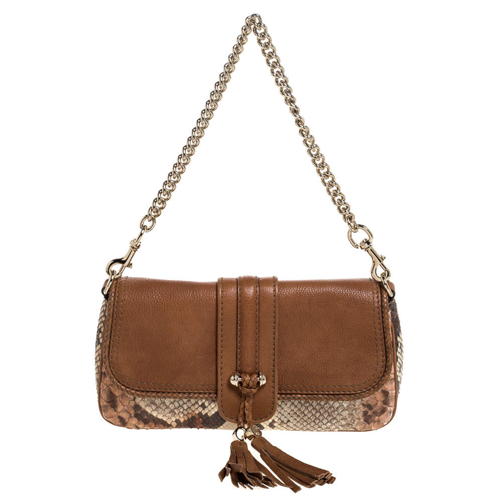Gucci Brown Python and Leather Marrakech Shoulder Bag