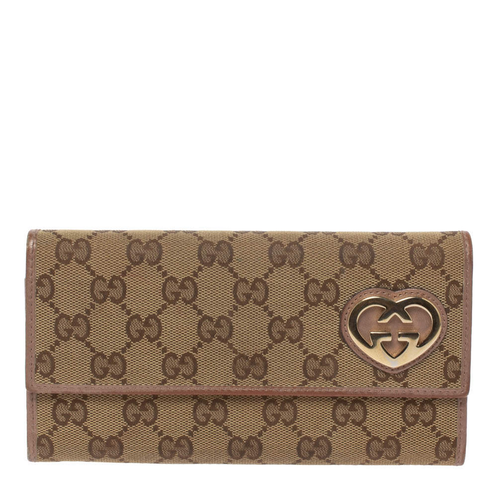 مملوكة مسبقًا Gucci Beige/Metallic GG Canvas and Leather Lovely Heart Continental Wallet