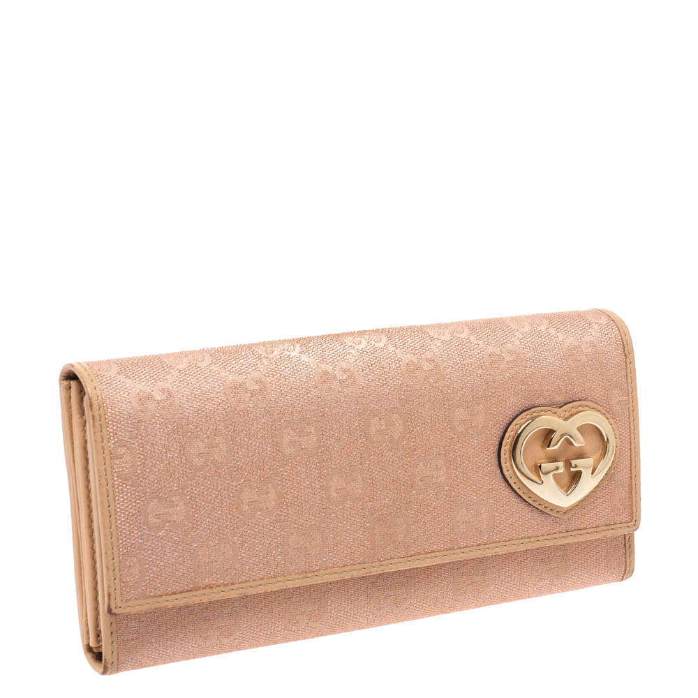 Gucci Beige/Pink Shimmer GG Canvas Lovely Heart Continental Wallet Gucci