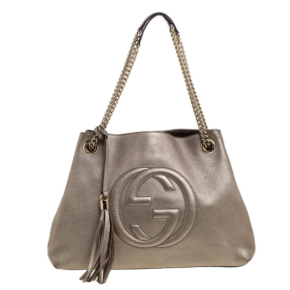 Pre Owned Gucci Metallic Beige Pebbled Leather Medium Soho Tote
