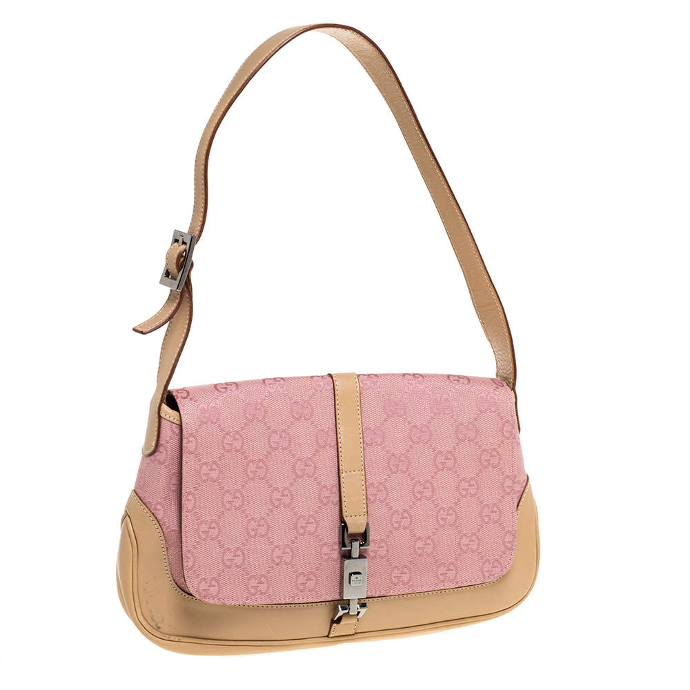 Gucci Pink/Beige GG Canvas and Leather Jackie O Flap Bag Gucci
