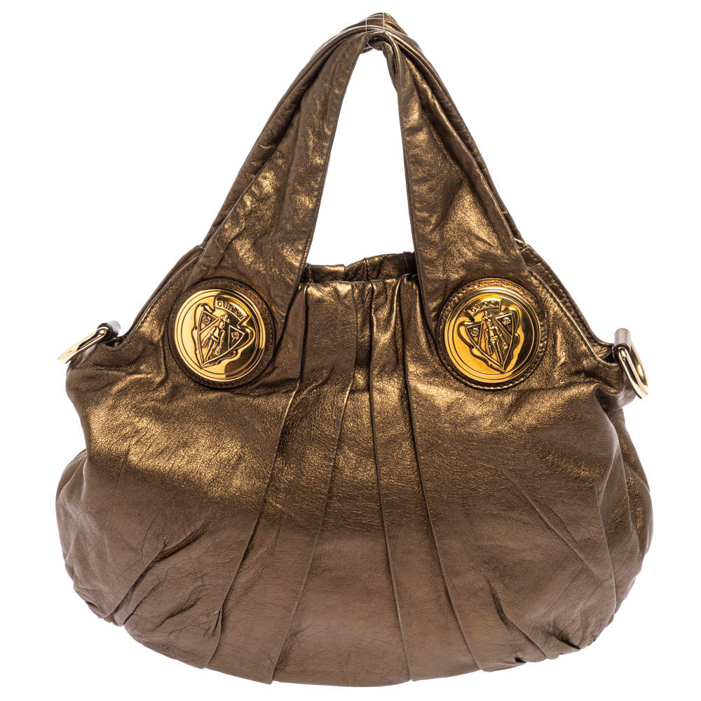 مملوكة مسبقًا Gucci Metallic Olive Green Leather Small Hysteria Hobo