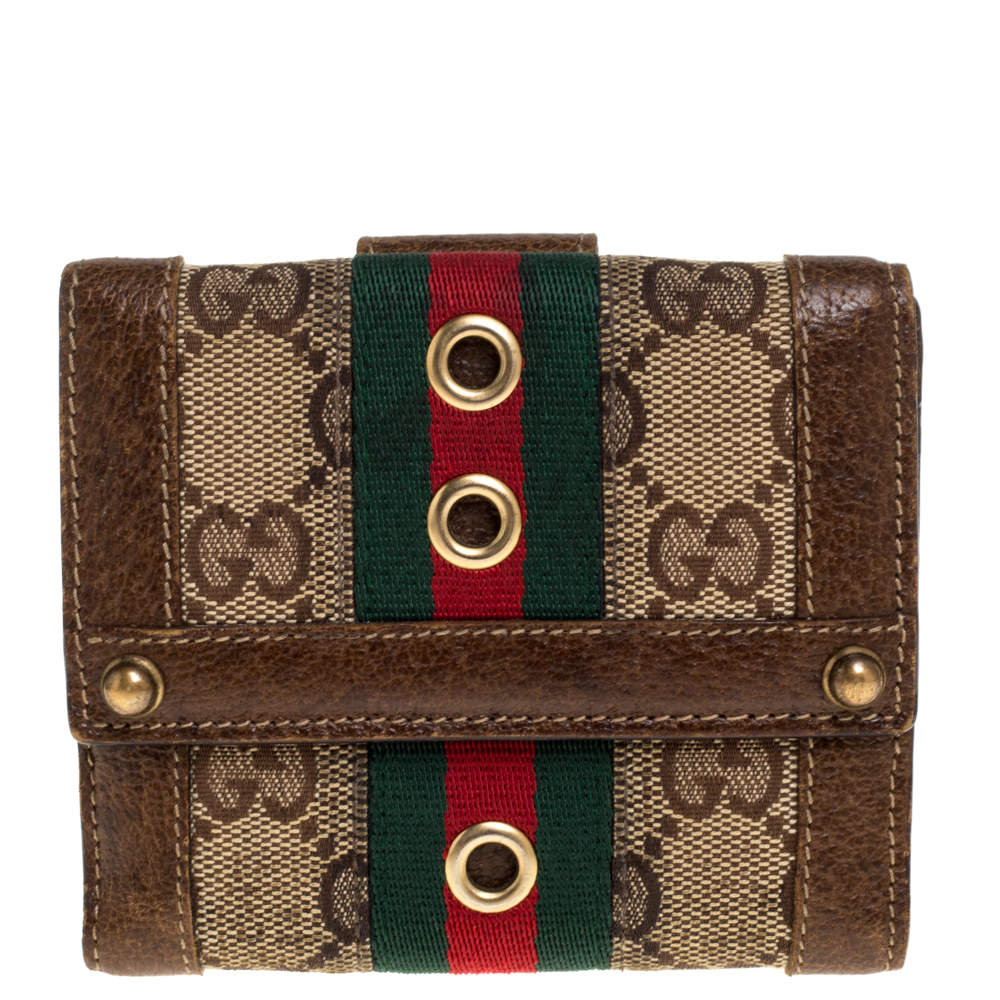 Gucci Beige/Brown GG Canvas and Leather Web Compact Wallet