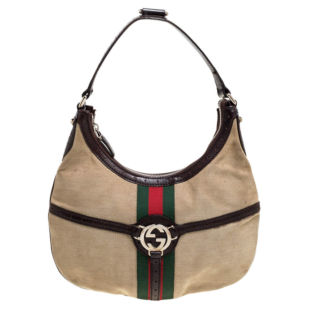 Pre Owned Gucci Beige/Brown Canvas and Leather Web Reins Hobo