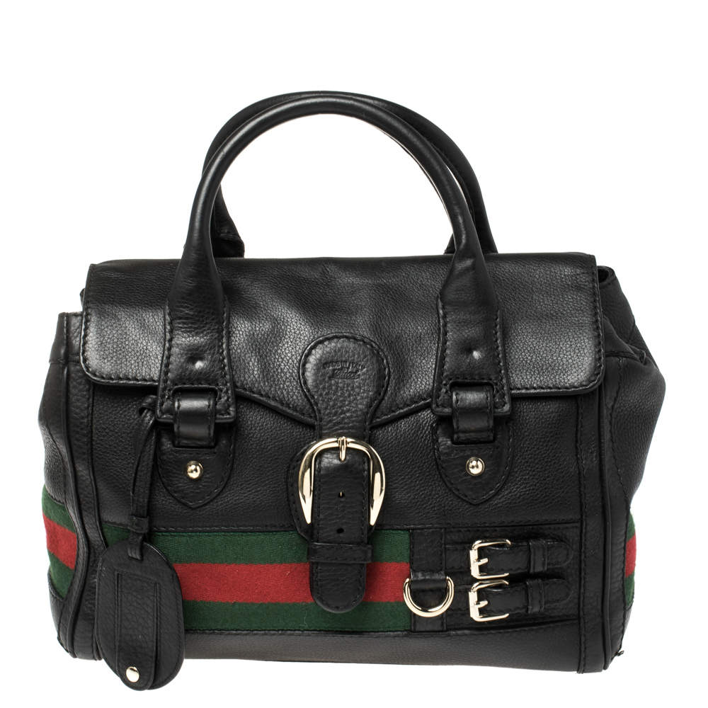 Gucci Black Leather Heritage Web Boston Bag