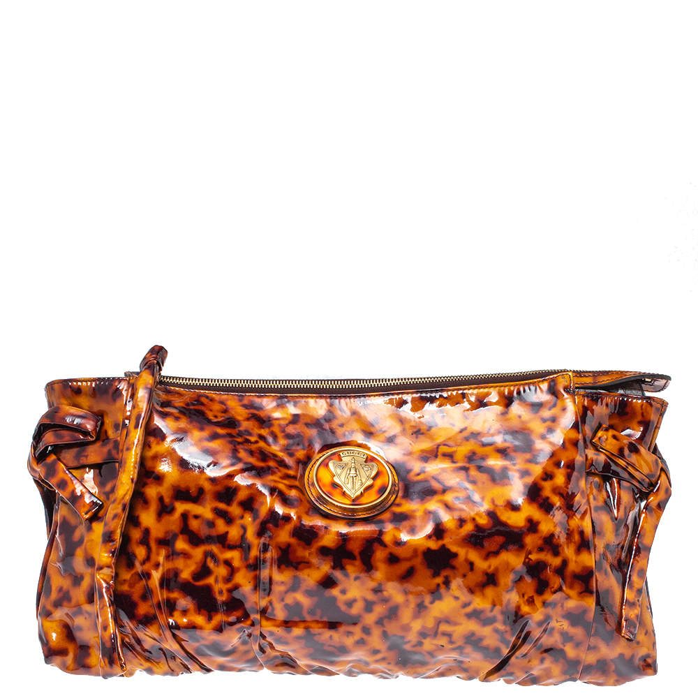 Pre Owned Gucci Brown Leopard Print Patent Leather Large Hysteria Clutch